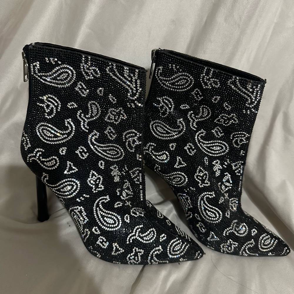 Steve Madden Black and Silver Rhinestone Paisley  Women's Ankle Boots